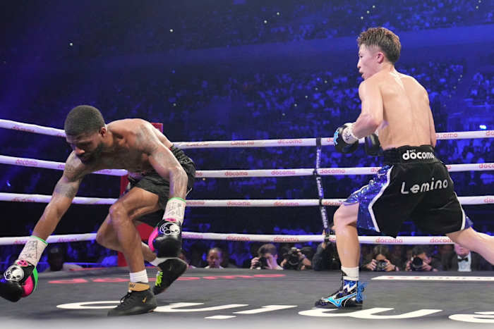 Naoya Inoue scores a knockdown over Stephen Fulton en route to winning the WBC and WBO bantamweight titles via TKO.